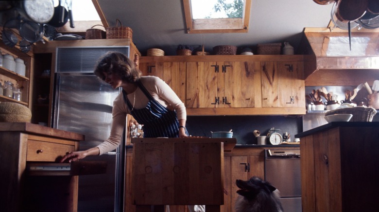 Martha Stewart and her dog in her 1970's kitchen