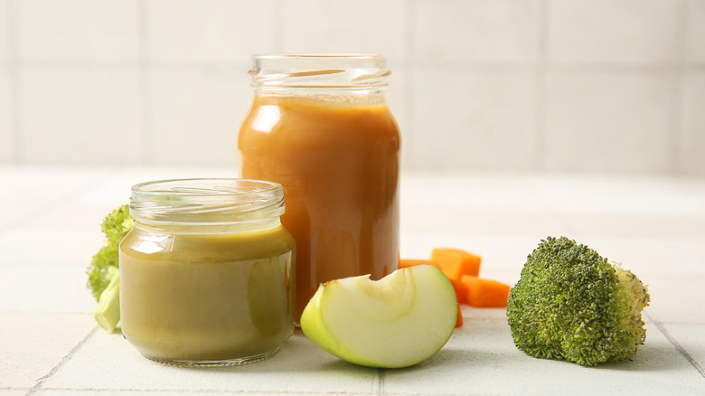 Baby food jars with baby food inside