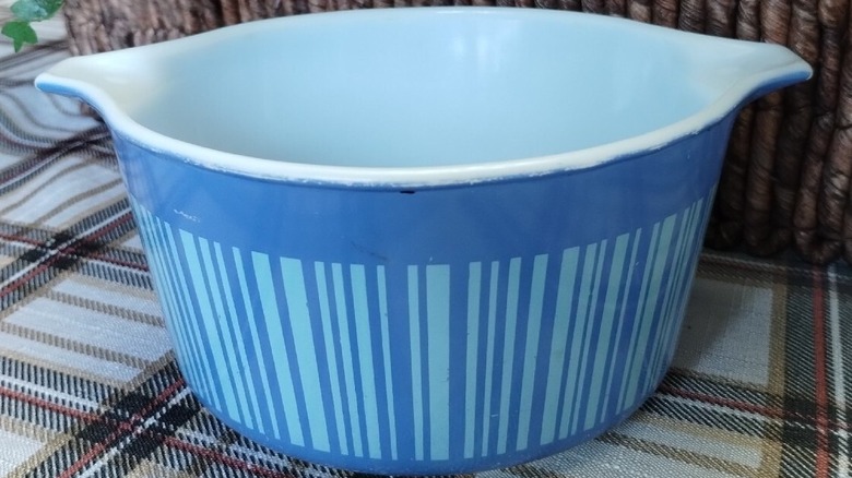 Blue Pyrex bowl with a pattern known as Bar Code