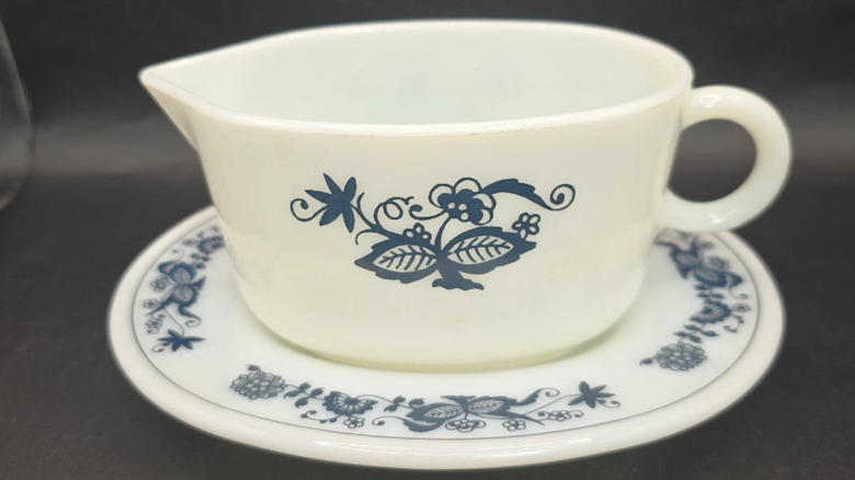 Old Town Blue Pyrex pattern on a gravy boat and saucer