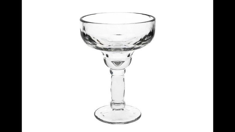 Clear Dollar Tree margarita glass displayed against a white background.