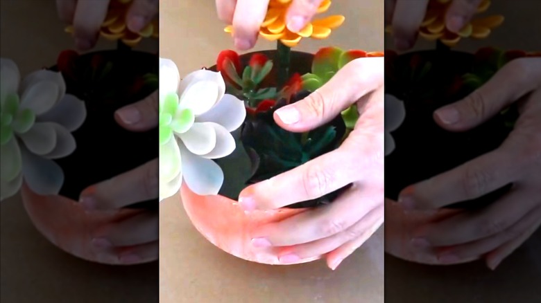 Hands placing faux succulents into a orange painted trifle bowl