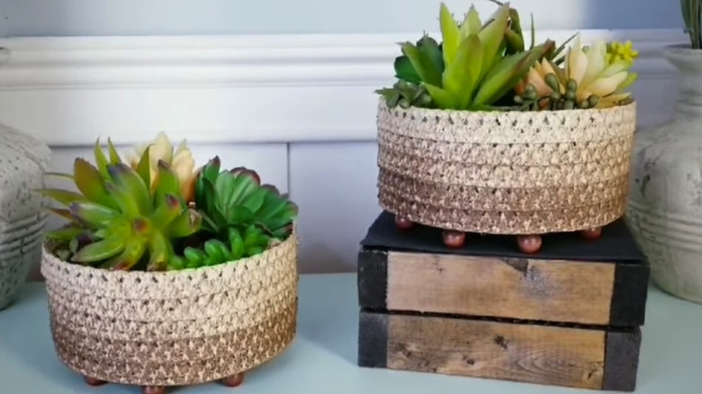 Two woven baskets with wooden feet filled with succulent plants on a shelf