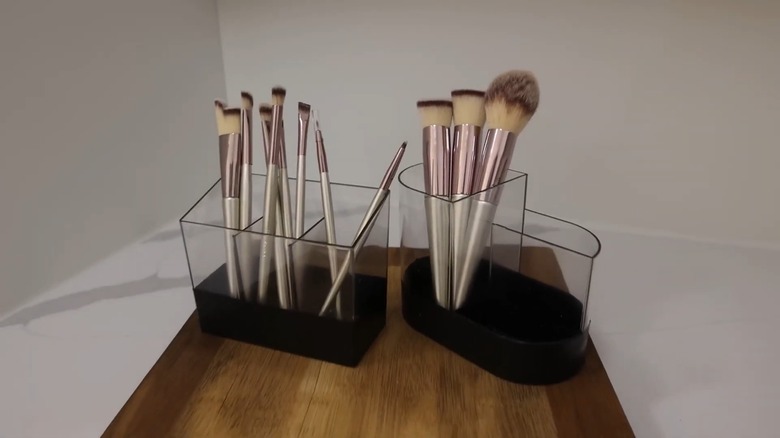 Makeup brushes in a compartment organizers on a tray