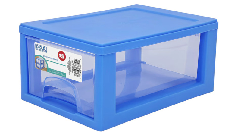 Image of a blue stackable Dollar Tree bin set against a white background.