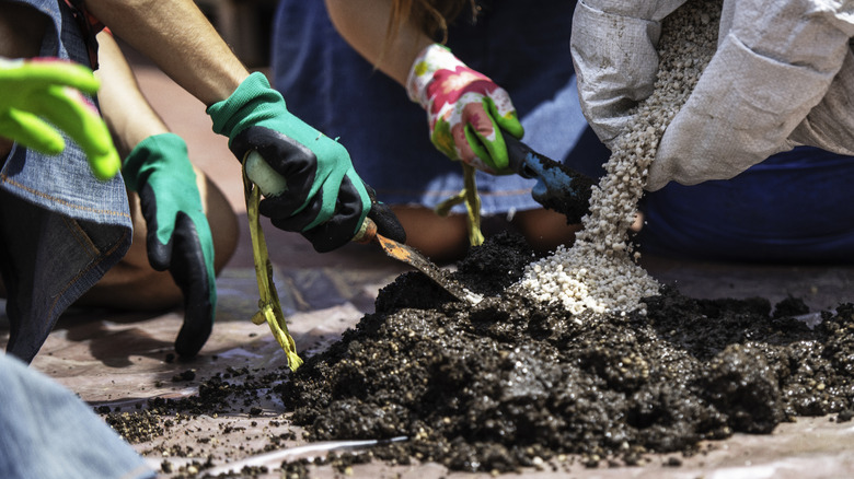 Close-up of gloved hands mixing soil.