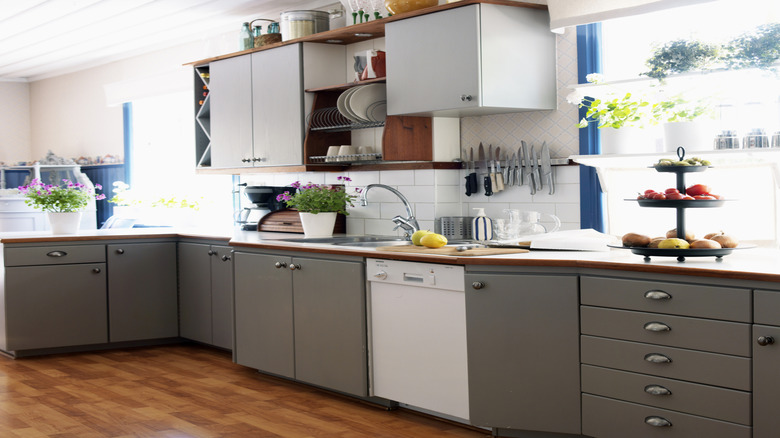 Planters, bottles, and decor on top of cabinets.