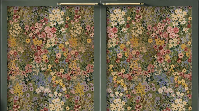 Floral peel and stick wallpaper on the outside of a cabinet