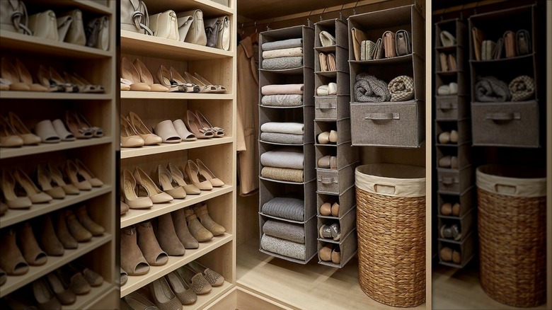 Closet organized with fabric hanging organizers