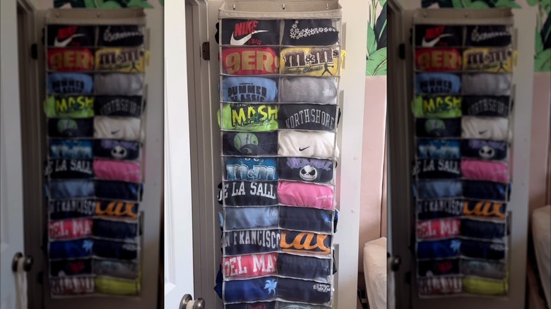 An over the door storage rack with sweatshirts