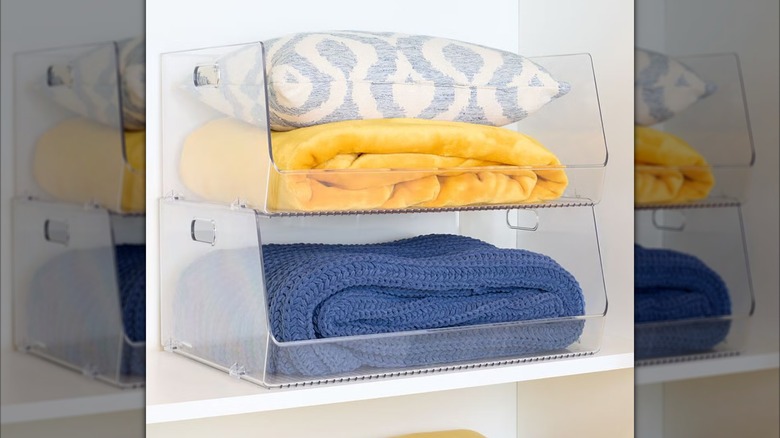 Open front stackable bins with sweaters