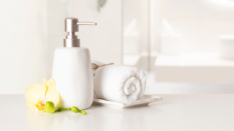 soap dispenser sitting next to a rolled-up towel
