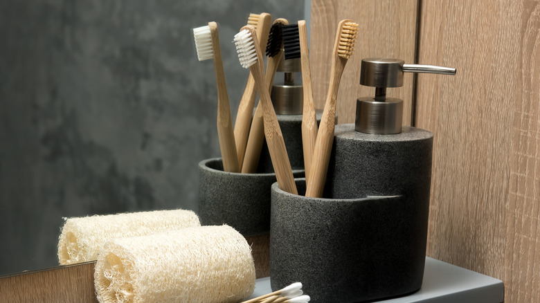 bamboo toothbrushes in container on counter