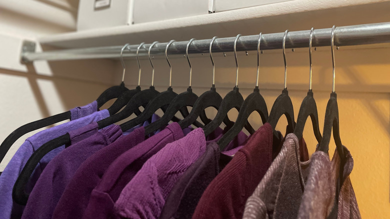 An organized closet with velvet hangers