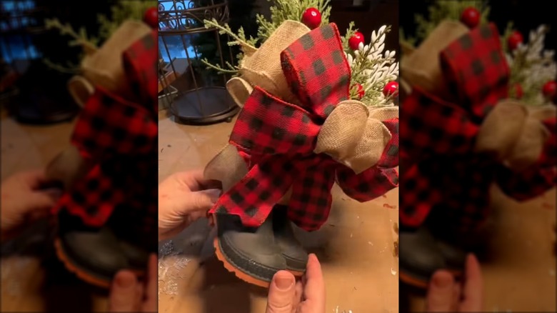 Christmas centerpiece made from rubber boots