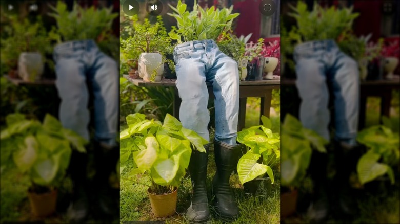 upcycled denim jeans planter with boots