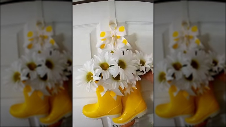 Yellow boot floral arrangement on door