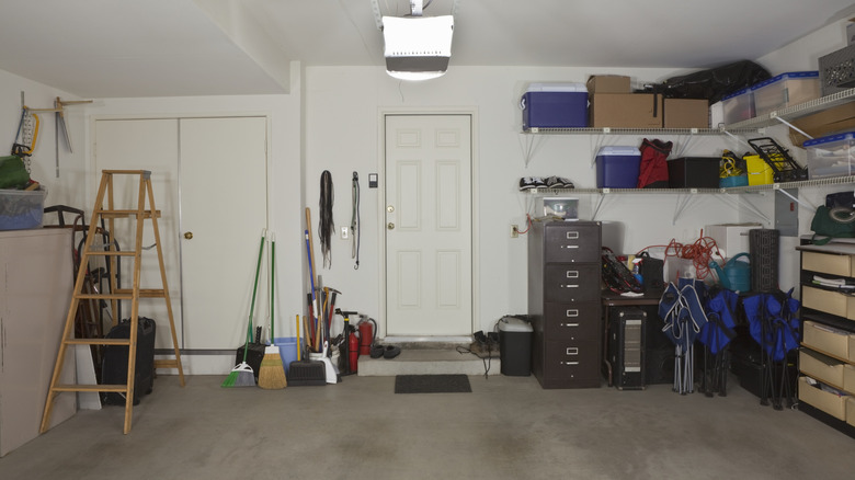 The interior of a large garage