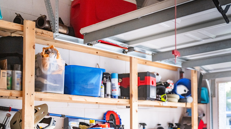 Internal shot of a garage with racks of sturdy shelves
