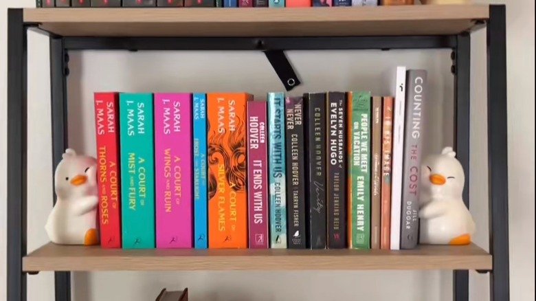 Books of various colors are placed on a repurposed bathroom shelf