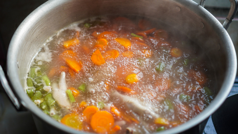 Chicken soup simmering from above