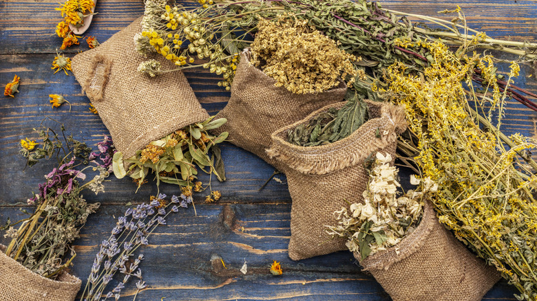 bags of dried herbs and flowers