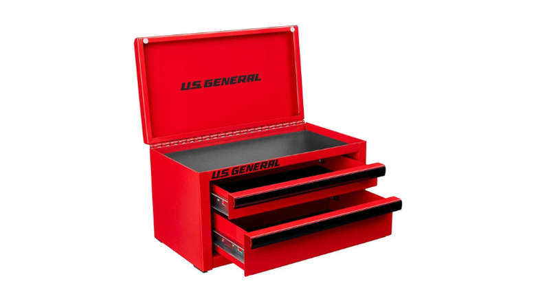 The U.S. General Mini Steel Toolbox in red, on a white background