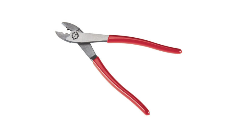 Doyle's red-handled 9-1/2 inch wire crimping tool, on a white background