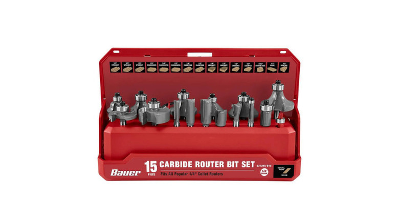 Bauer's Carbide Router Bit Set, 15-Piece, in a red case
