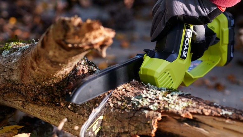 Close-up of a gardener cutting a thick tree branch with Ryobi's 18V One+ 8-inch Compact Pruning Mini Chainsaw