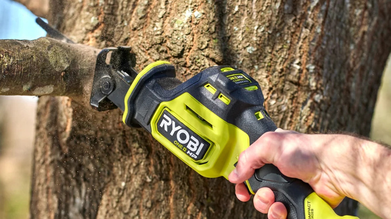 A person using Ryobi's 18V One+ Brushless One-Handed Reciprocating Saw to trim branches off a tree
