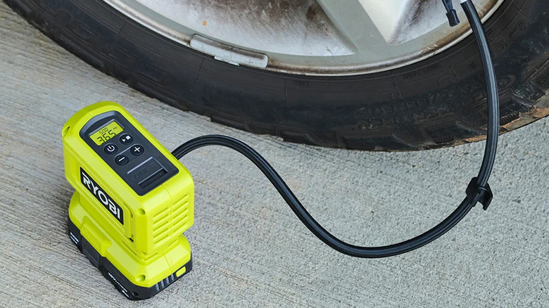 Ryobi's 18V One+ Cordless High Pressure Inflator pumping up a car tire
