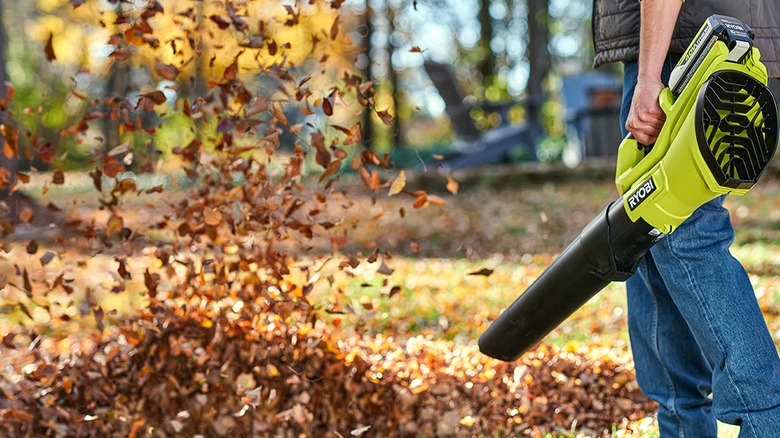 A person clearing leaves with Ryobi's 40V 120 MPH 550 CFM Cordless Battery Leaf Blower
