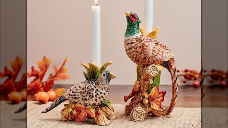 Fall Harvest Pheasant Figurine Candleholders on wooden table with autumn decorations and candles