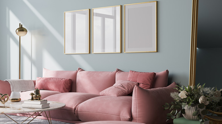 Modern living room with bold statement couch in pink