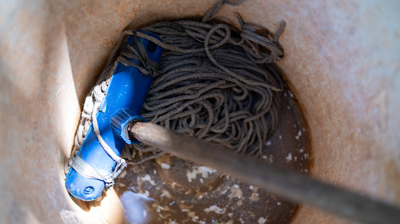 Close-up of a mop head in a bucket of dirty water