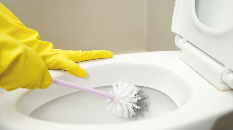 Hands with yellow cleaning gloves on using a toilet brush to clean a toilet bowl