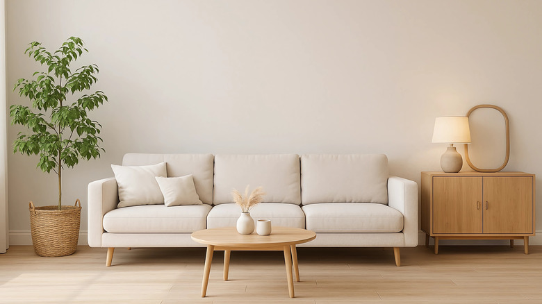 A minimalist living room with a white sofa and a houseplant