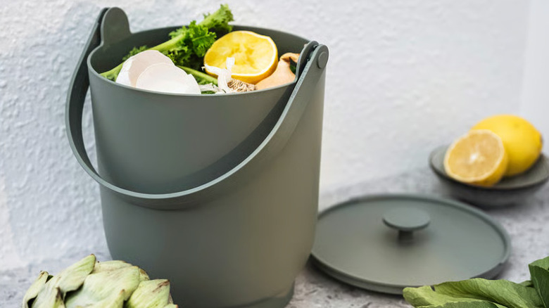 An Ikea kitchen composting bin is filled with lemons and lettuce ribs