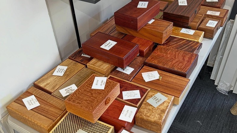 a table of wooden boxes