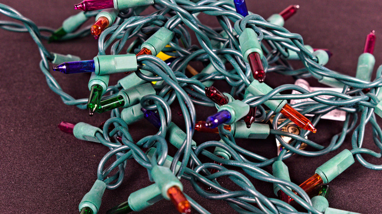 A tangled string of colorful fairy lights