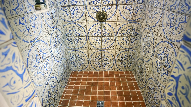 The inside of a shower is covered in hand-painted tile.
