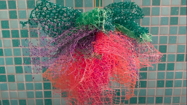 Mesh produce bag shower pouf