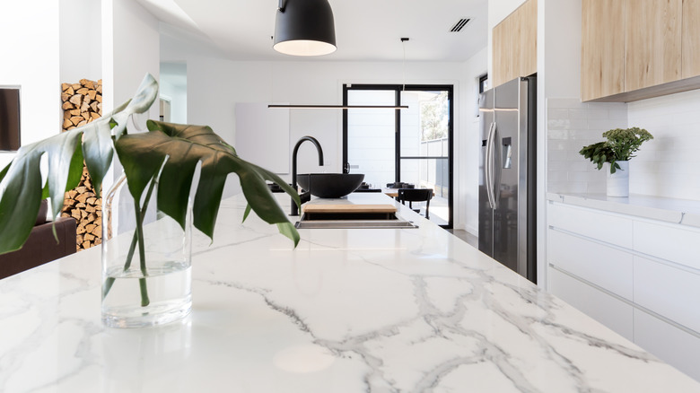 A close up on modern marble kitchen countertops.