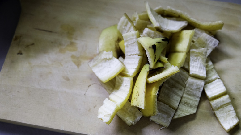 Chopped banana peels ready for the garden