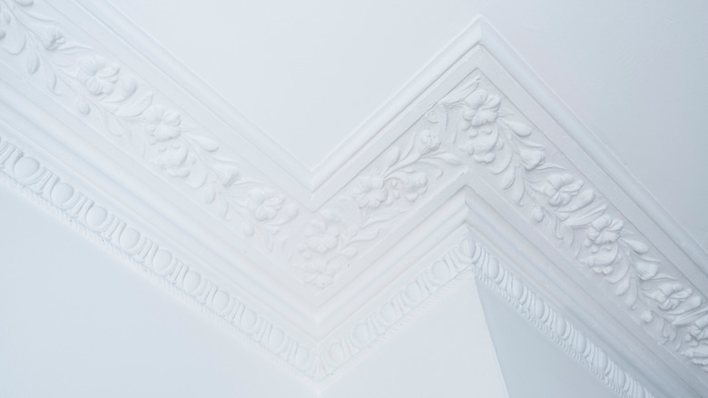 Intricate white floral cornicing on ceiling
