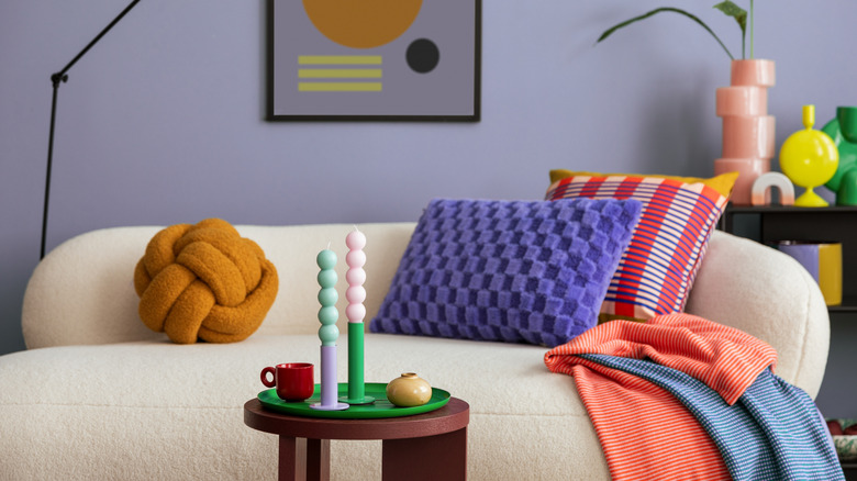 A colorful living room with kitsch home decor