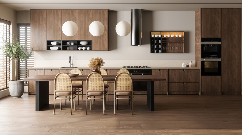 Modern minimalist kitchen with medium wood tones