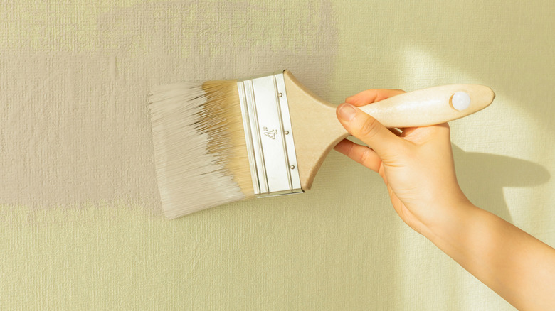Hand using a large brush to paint a wall