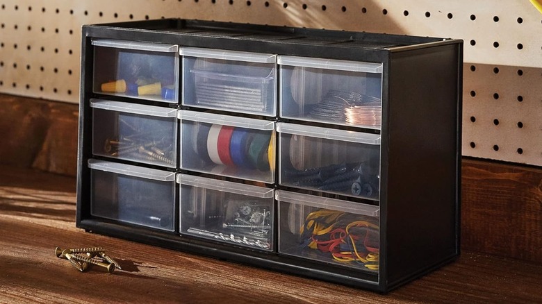 Craftsman 9 Compartment Plastic Organizer Bin on garage worktop